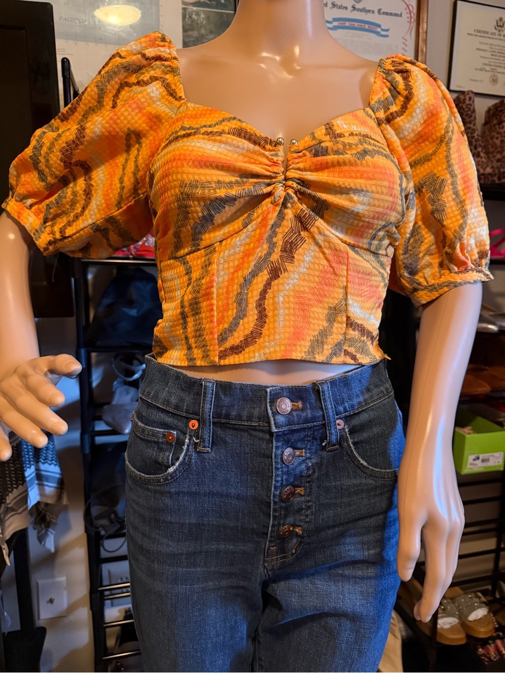 Sam Edelman Orange Multi-Tone Ruched Puff-Sleeve Crop Top. NWT